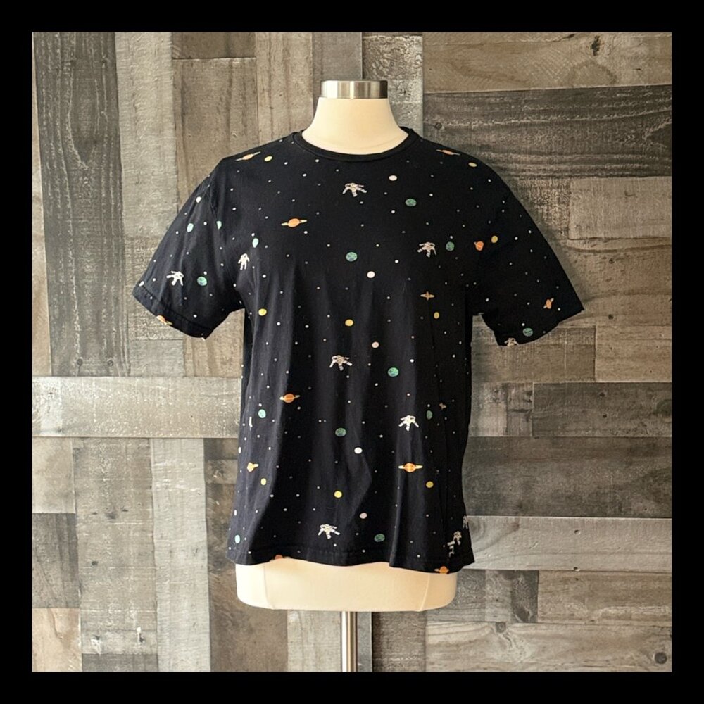 Denim & Flower black outer space t-shirt large astronaut planets stars summer